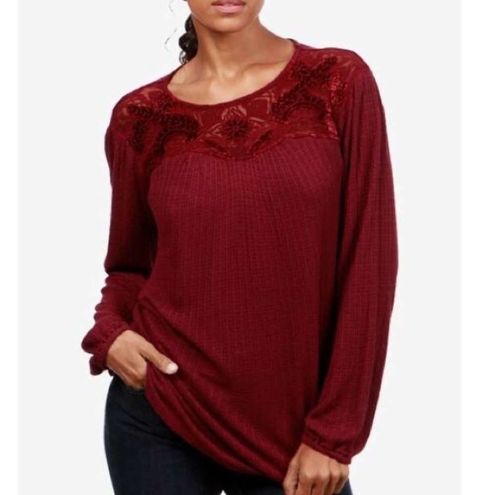 Lucky Brand Embroidered Jewel Neck Long Sleeve Top